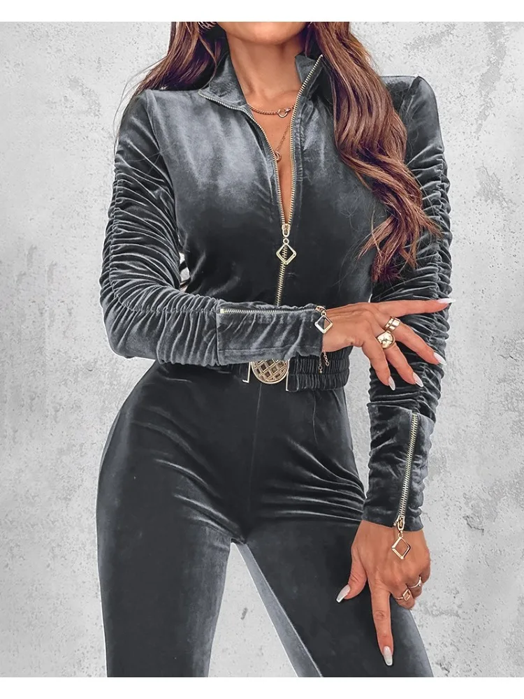 Samt-Overalls mit Reißverschluss-Design für Damen, 2025, eleganter, gerüschter Langarm-Overall mit elastischem Gürtel, Overalls für Damenbekleidung Image