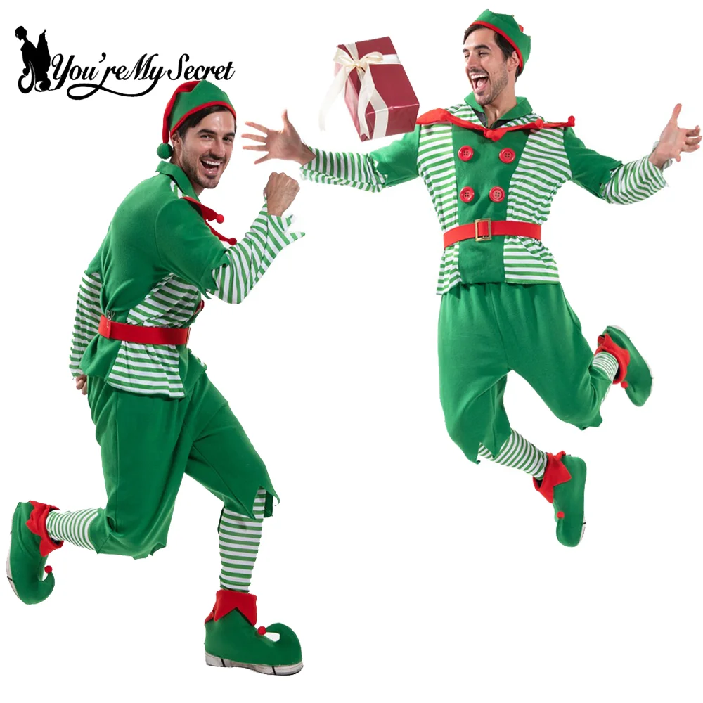 [Du bist mein Geheimnis] Weihnachten Weihnachtsmann Kostüm Grüne Elfe Cosplay Familie Karneval Party Neujahr Kostüm Kleidung Set für Männer Image
