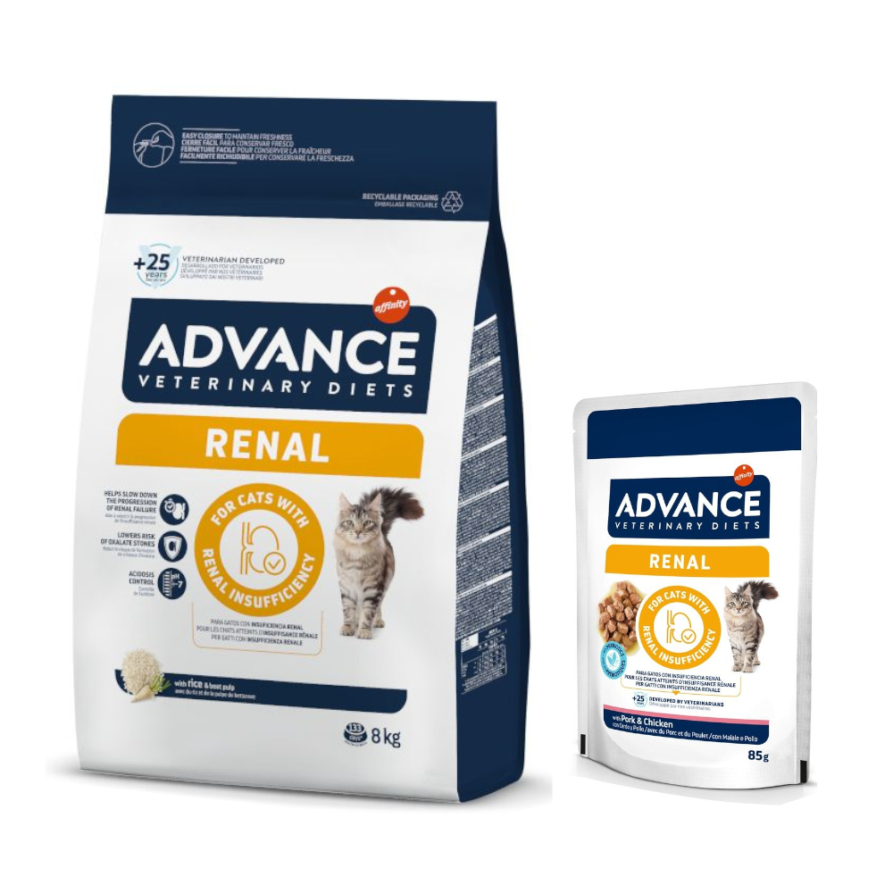 Prezzo speciale! 8 kg Advance Veterinary Diets Crocchette + 12 x 85 g Advance Veterinary Diets - 8 kg Renal Cat + 12 x 85 g Cat Renal