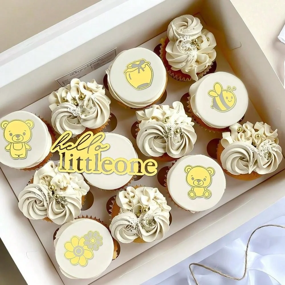 6 teile/satz hallo littleone niedlichen Bär Kuchen Topper Gold Honigbiene Kuchen Topper für Kinder Geburtstags feier Kuchen Dekoration Image