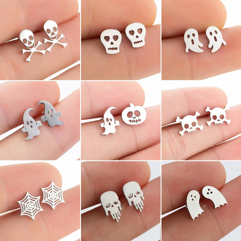 Punk Schädel Halloween Ohrringe für Frauen Hip Hop kleine schwarze Spinnennetz Ohr stecker Edelstahl Schmuck Kind lustiges Geschenk
