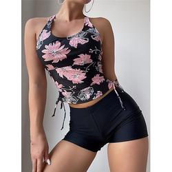 Damen Badeanzug Tankini 2 Stück Junge Bein Bademode Rückenfrei Kordelzug Hohe Taillenlinie Urlaub Strandbekleidung Blumen U-Ausschnitt Ärmellos Badeanzüge
