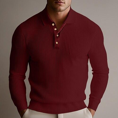 Herren Rippstrick-Oberteil Golf Poloshirts Formal Arbeit Gerippter Polokragen Langarm Warm Basic Feste Farbe Knopf Frühling Herbst Dunkelbraun Wein Rippstrick-Oberteil