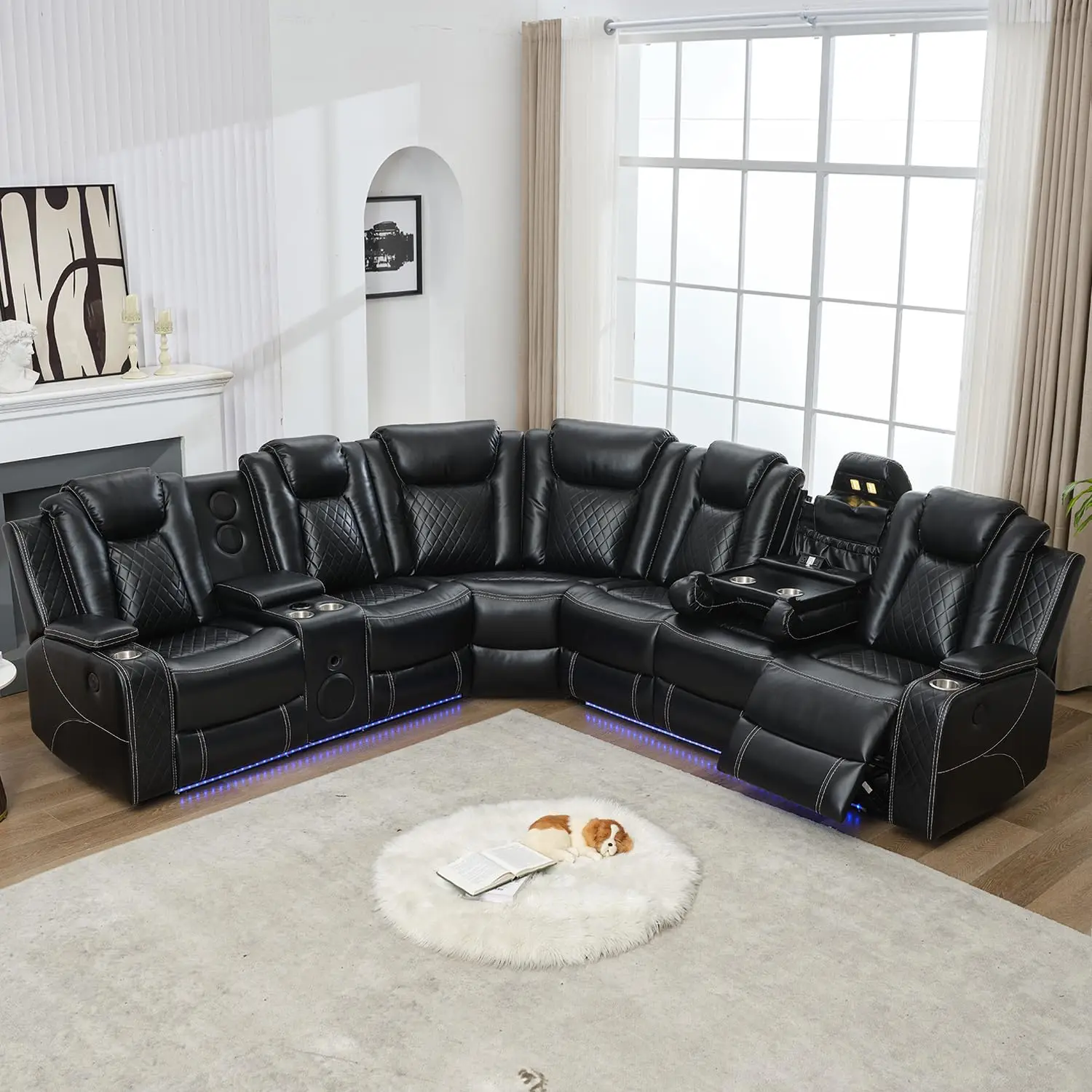 6-Seater Power Recliner Sectional Sofa with Drop-off Table, Faux Leather Electric Sofa Featuring Bass Speaker, LED Light, USB, T