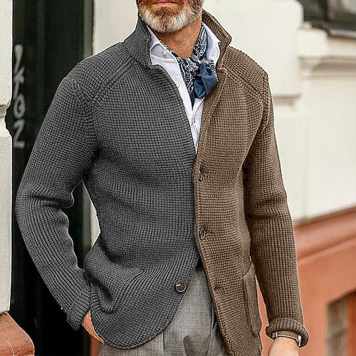 Men's Jacquard Sweater Cardigan Sweater Cardigan Cropped Sweater Ribbed Knit Regular Knitted Button-Down Color Block Shawl Collar Fashion Classic Daily Wear Date Clothing Apparel Fall Winter Black