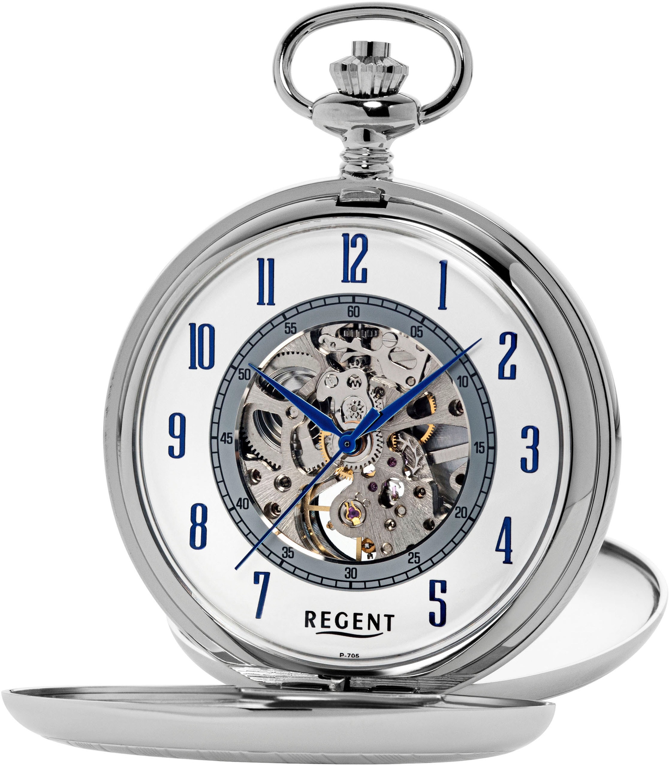 Taschenuhr REGENT "P705-19387749", silber (edelstahlfarben), Taschenuhren, Damen, Herren, Handaufzug, Acrylglas, skelettiertes Zifferblatt, Geschenkidee Image