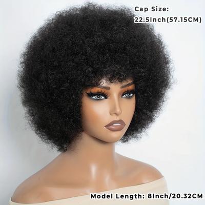 TEMU 1pc Hair Wig, Afro Curly Brazilian Remy, Full Machine Made, 200% Density, 1b Color, Rose Cap, , No Lace, For Women, Black Hair Image