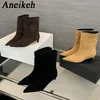 Aneikeh Große Größe 41 42, Mode Winter Faux Wildleder Spitz Kurze Stiefel Niedrigen Absatz Stiefel Slip auf Party Schuhe Botas Zapatos De Mujer