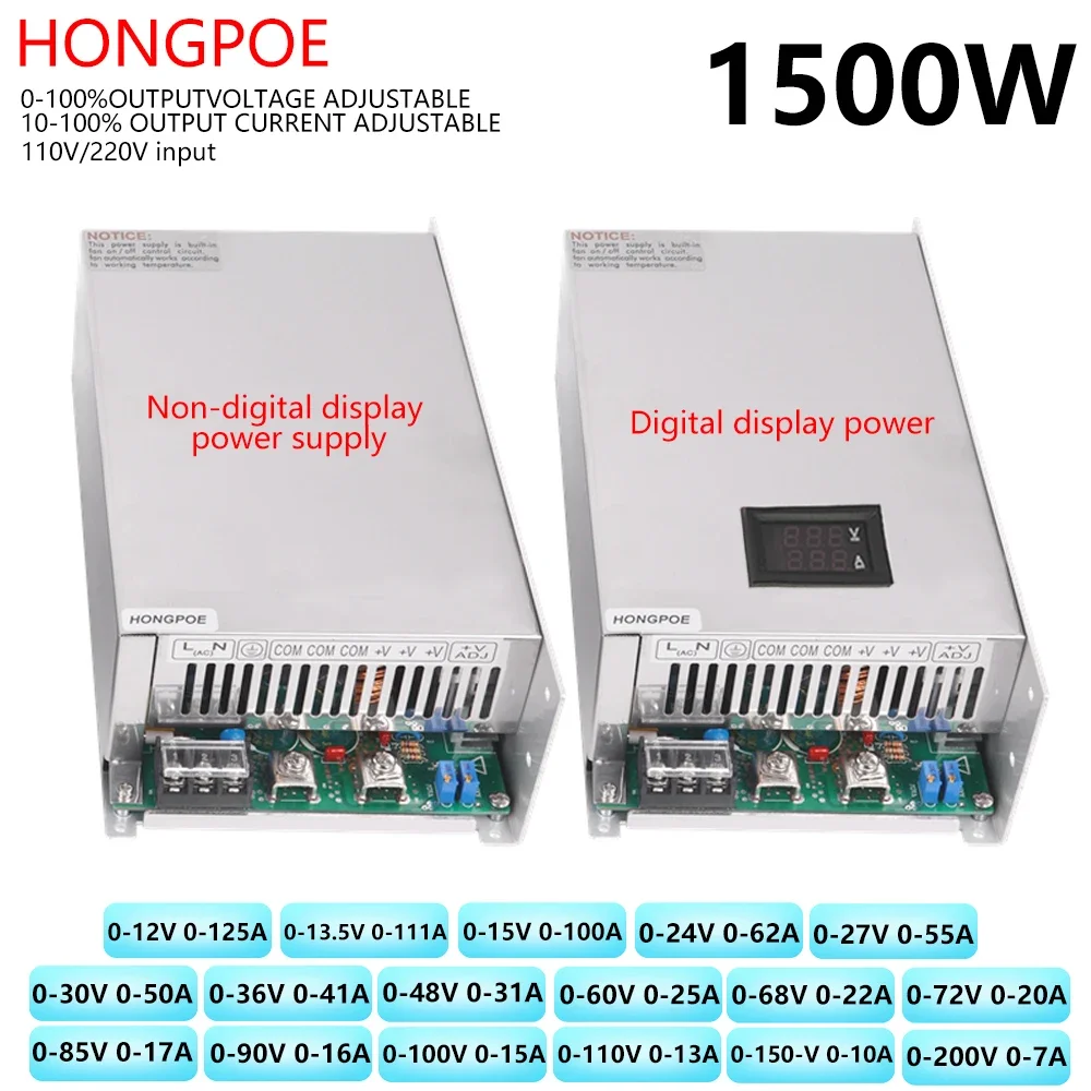 1500W Einstellbares Netzteil 0-12V 15V 24V 27V 30V 36V 48V 60V 68V 72V 85V 90V 100V 110V 150V 200V Digitalanzeigeleistung AC-DC Image