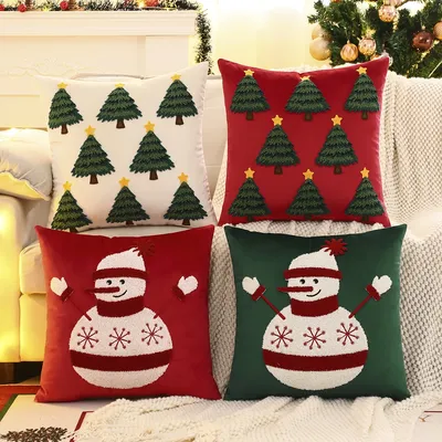 1PC Weihnachtsbaum Dekokissenbezug Samt Stickerei Schneemann Weihnachtsdekoration Wohnzimmer Image
