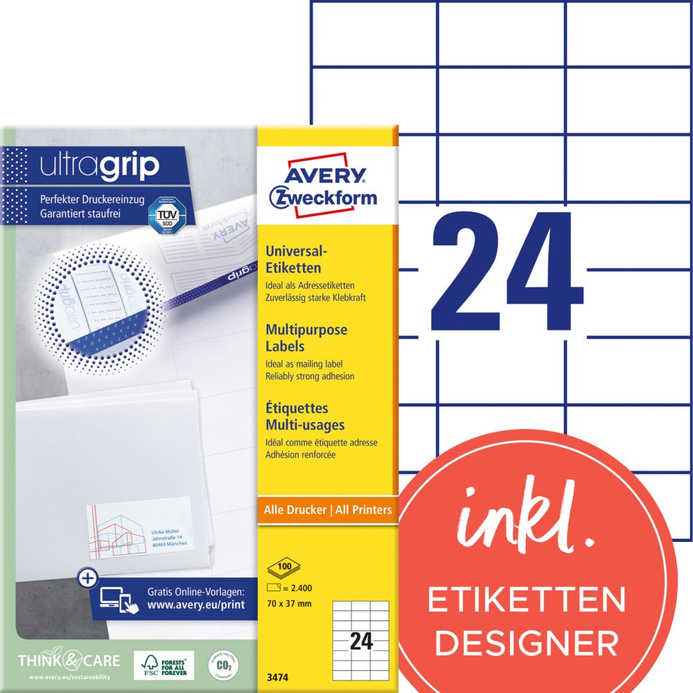 Avery Zweckform LR3657 Recycling Universal-Etiketten, A4, 48,5 x 25,4 mm, 100 Bogen/4.000 Etiketten, naturweiß Image