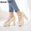 REAVE CAT Sommer 2022 Damen 2,5 Plattform Niedliche Schleife Spitze Prinzessin Lolita Schuhe Party 10 cm High Heel Schnalle Große Größe 43
