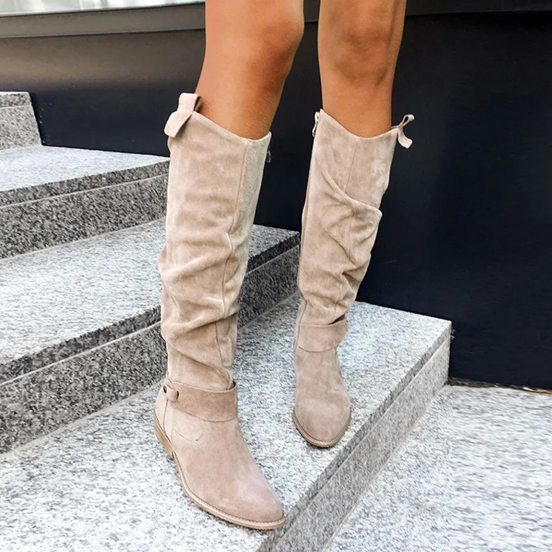 Herbst Winter Neue Frauen Lange Stiefel Niedrigen Ferse Seite Zipper 40-43 Wildleder Hohe Barrel Stiefel Große Größe plattform schuhe Frauen