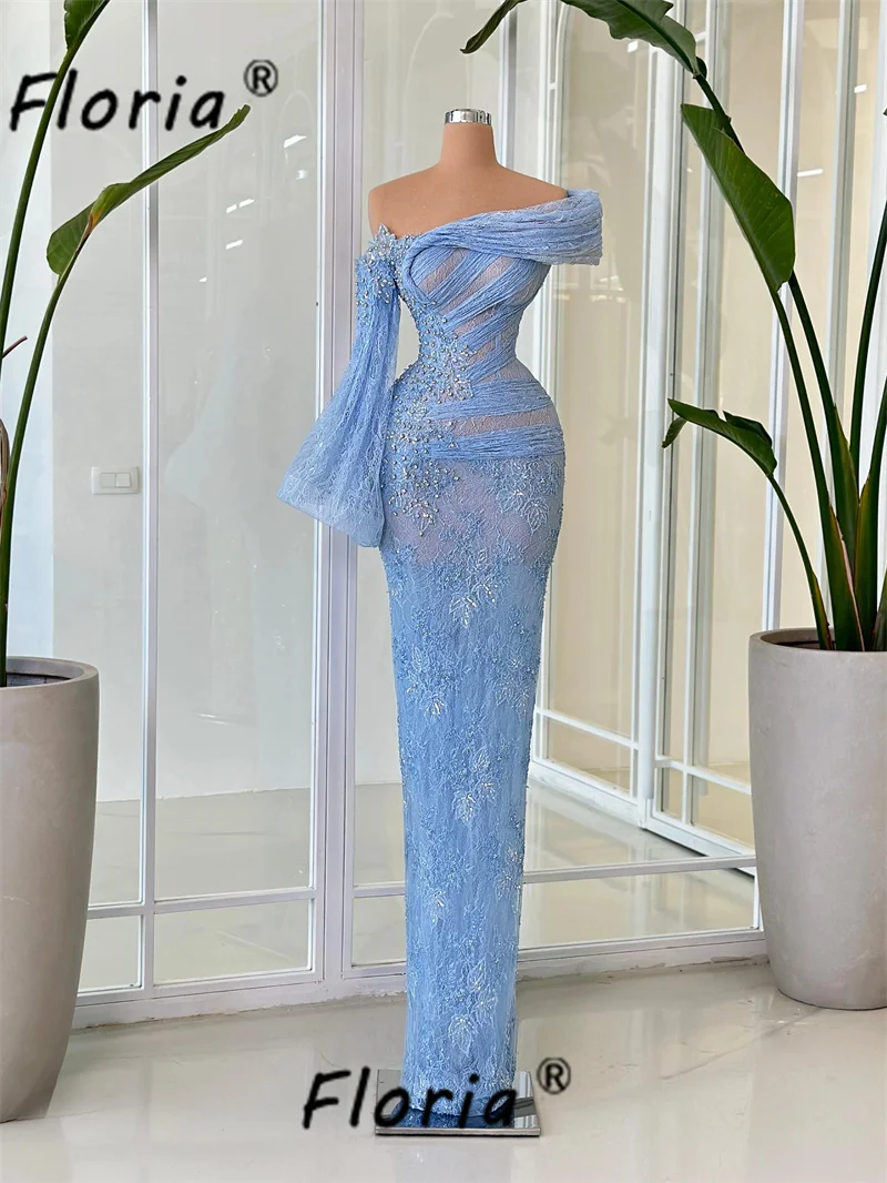 Baby blau arabisch Kristall Abendkleid sehen durch eine Schulter Spitze Applikationen lange Ballkleider Robe de Soiree Femme plus Größe Image