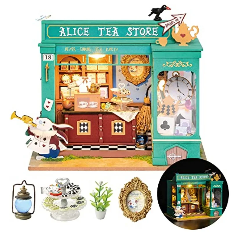 Robotime Rolife Casa delle bambole educativa Kit casa in miniatura fai-da-te Casa delle bambole in legno Negozio di tè di Alice per regali per ragazze