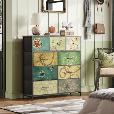Kommode 100 cm – Sideboard mit 9 Schubladen und schwarzen Griffen, Vintage-Muster, schwarzer Image