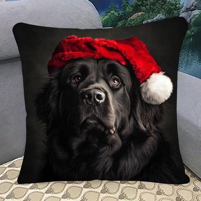 TEMU Newfoundland Dog Christmas Pillowcase - 18x18 Inch, Double-sided Short Plush Cover With Santa Hat Design, Zip Closure, Machine Washable For Sofa, Living Room, Bedroom Decor (no Insert) Image