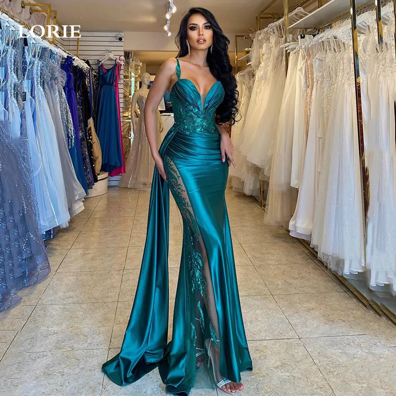 LORIE Hunter Spaghetti Straps Green Mermaid Evening Dresses Side Split Summer Lace Prom Gowns Evening Party Dress Customized