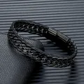 MKENDN Punk hommes tressé tissé Bracelets en cuir noir bracelet en acier inoxydable noir pour ami charme bijoux de mode cadeaux