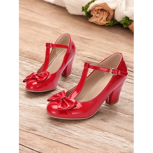 Rote Pumps mit T-Riemchen, Schleifendetails und Blockabsatz für Damen – elegante Schuhe im Vintage-Stil für Partys und formelle Anlässe Image