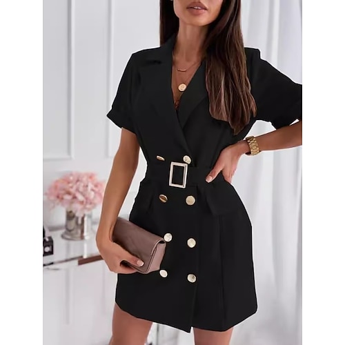 Elegantes Damenkleid Minikleid mit Gürtel Zweireiher Urlaub Elegant V-Ausschnitt Kurzarm Schwarz Weiß Rosa Farbe Image