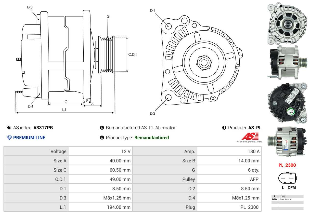 AS-PL Generator A3317PR 12V 180A für VW MERCEDES-BENZ 03L903023QX 03L903023Q 03G903023FX Image