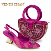 Venus Chan 2024 Sommer Neues Design-Specials Italienisches Damen-Schuhe- und Taschenset Fuchsia-Farbe Bequeme High Heels mit Strass