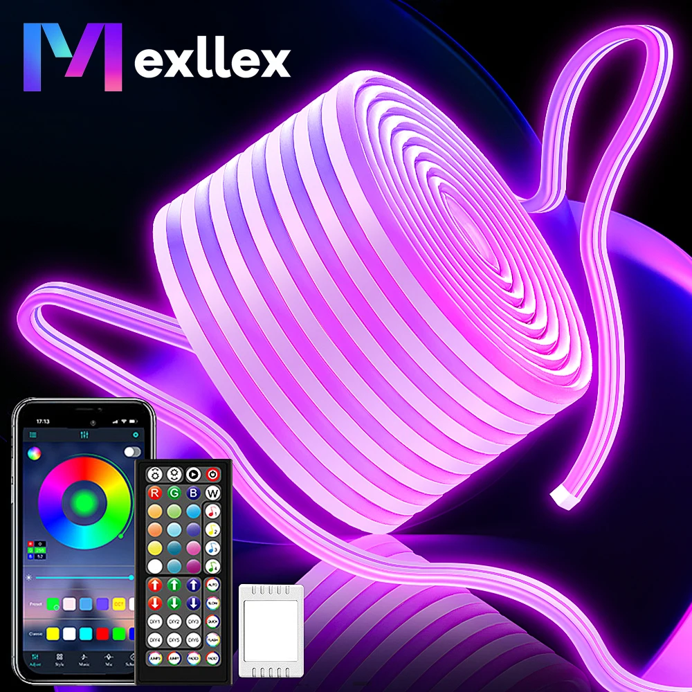Mexllex RGB-LED-Neon-Lichterkette, Musiksynchronisierungssteuerung mit App/Fernbedienung, flexibler Lampen-Farbwechsel, wasserdicht für den Innen- und Außenbereich