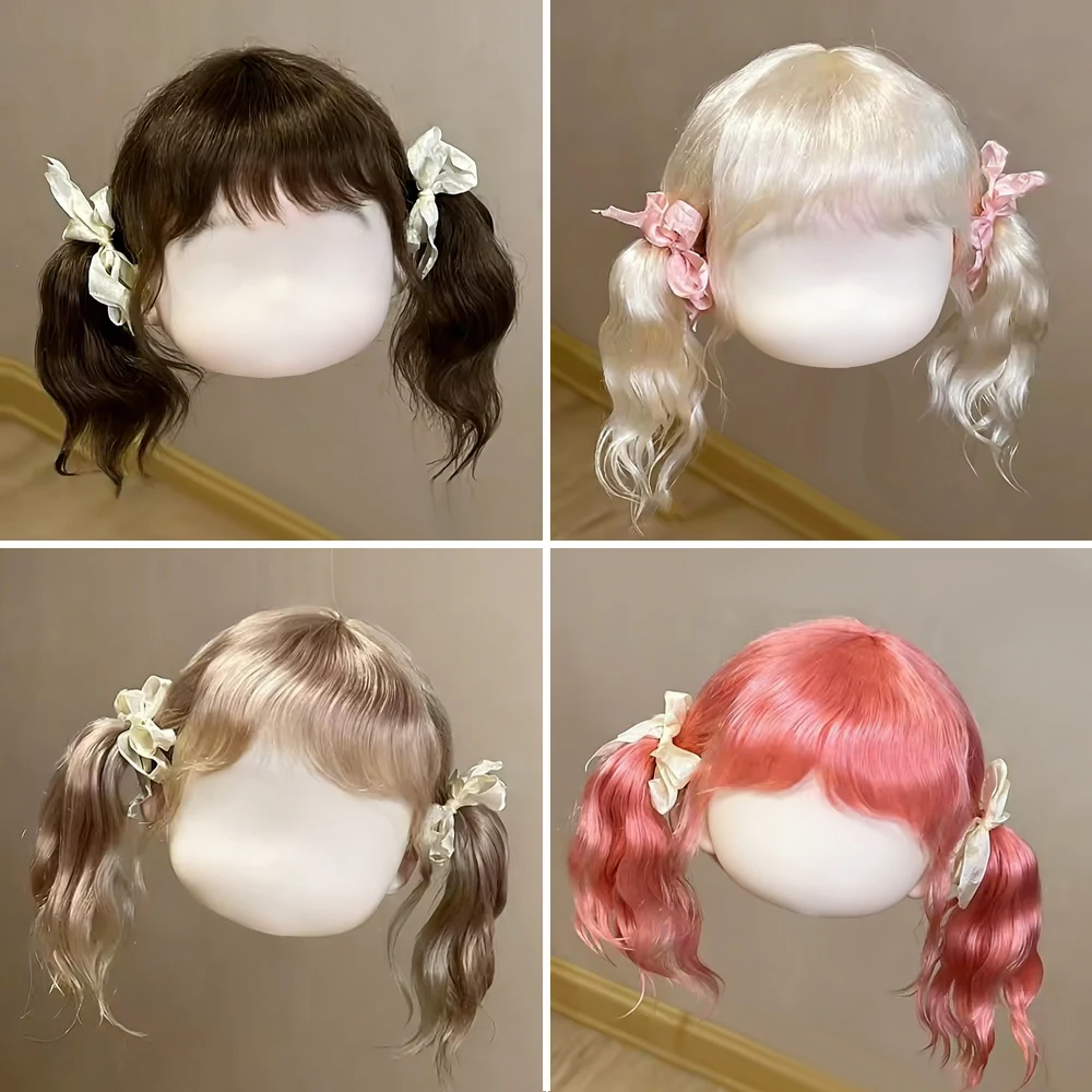 BJD-Perücke, großer Kopf, Puppe, süßer Pony, doppelter Pferdeschwanz, lockiges Haar für Blyth Meng, DIANDIAN, Qbaby-Haar für 24,5–27 cm Puppenzubehör