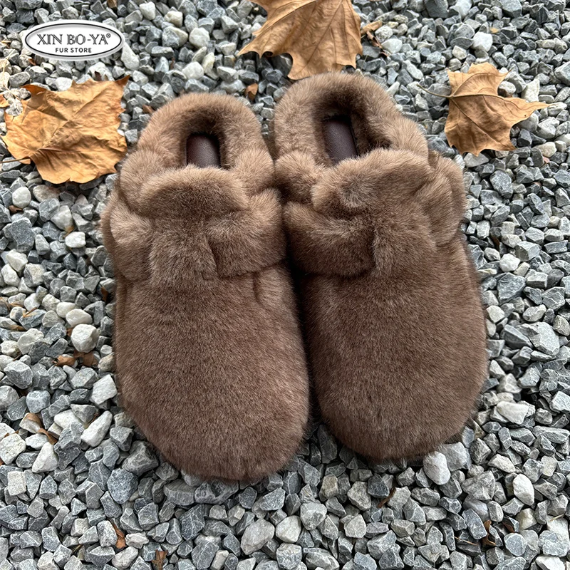 Mode Nerz Faux Pelz Hausschuhe Frauen Winter Kappe Wrap Warme Hausschuhe Frau Schuhe Dicke Weiche Sohle Rutschen Outdoor Flache Fell Hausschuhe