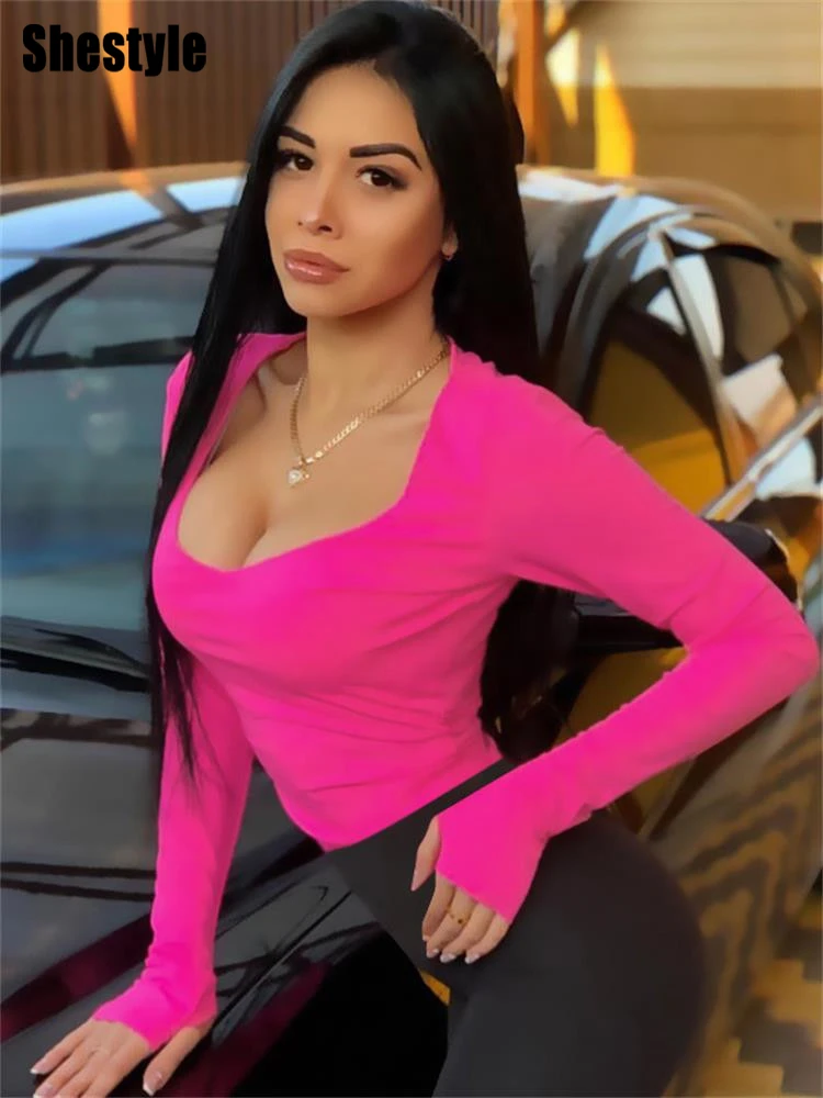 Shestyle Bodycon Sexy Neon Orange Bodys Frauen Herbst 2019 Langarm Solide Winter Grundlegende Körper Anzug Weibliche O Hals Schwarz rosa