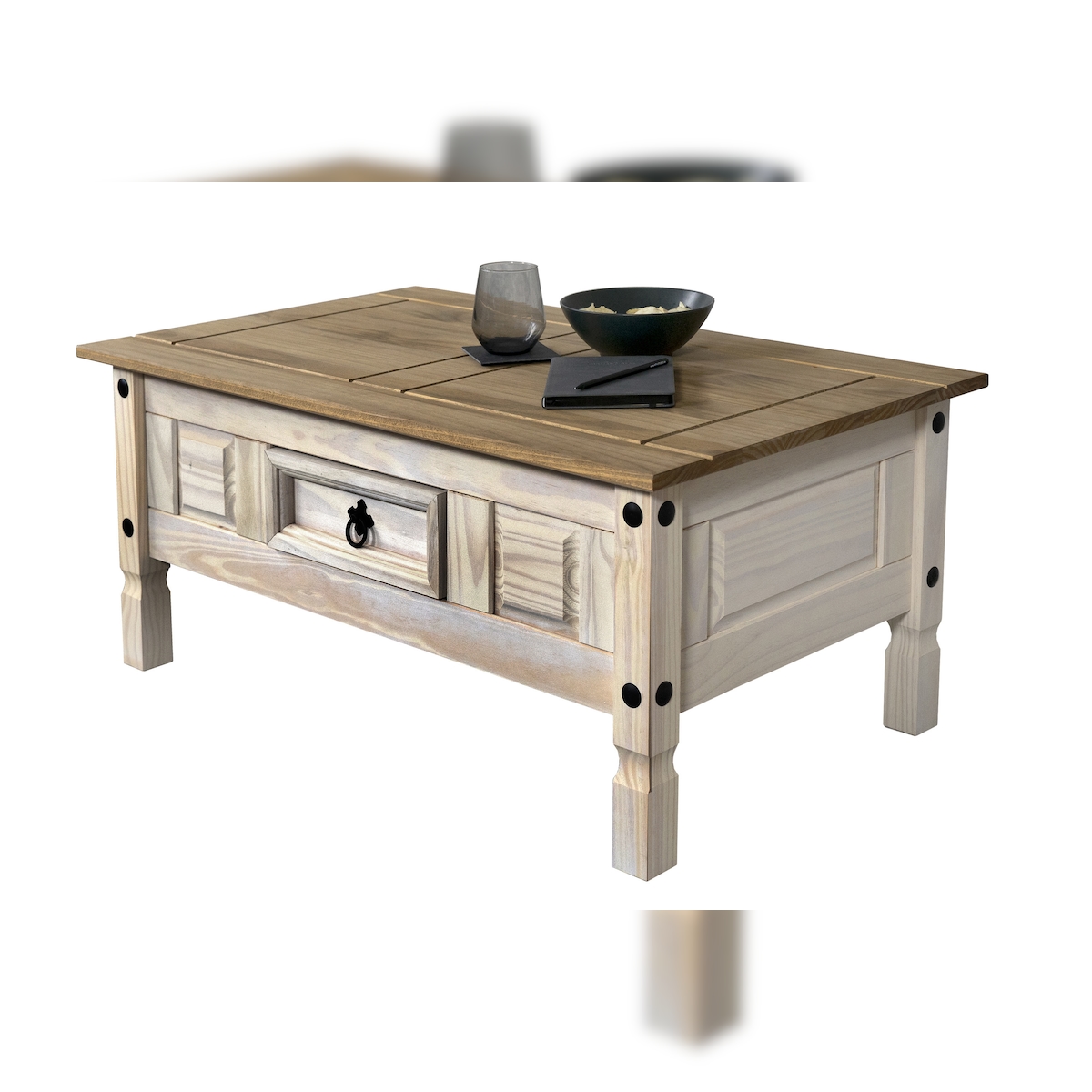 Möbelliebling Couchtisch 100 x 60 cm mit Schublade Pinienholz weiß honigfarben lasiert MEXICO Image