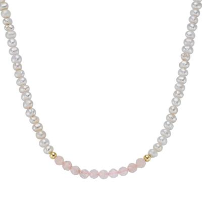 Smart Jewel - Collier mit Süßwasser-Perlen und Rosenquarz-Kugeln, Silber 925 Ketten 1 ct Nude