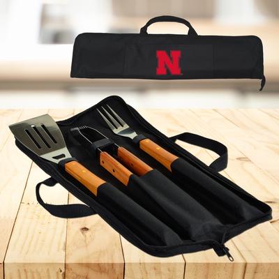 NCAA Nebraska University Cornhuskers 3 Piece BBQ Tool Set with Wood handles and Carry Case