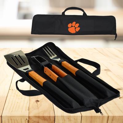 NCAA Clemson Tigers 3 Piece BBQ Tool Set with Wood handles and Carry Case
