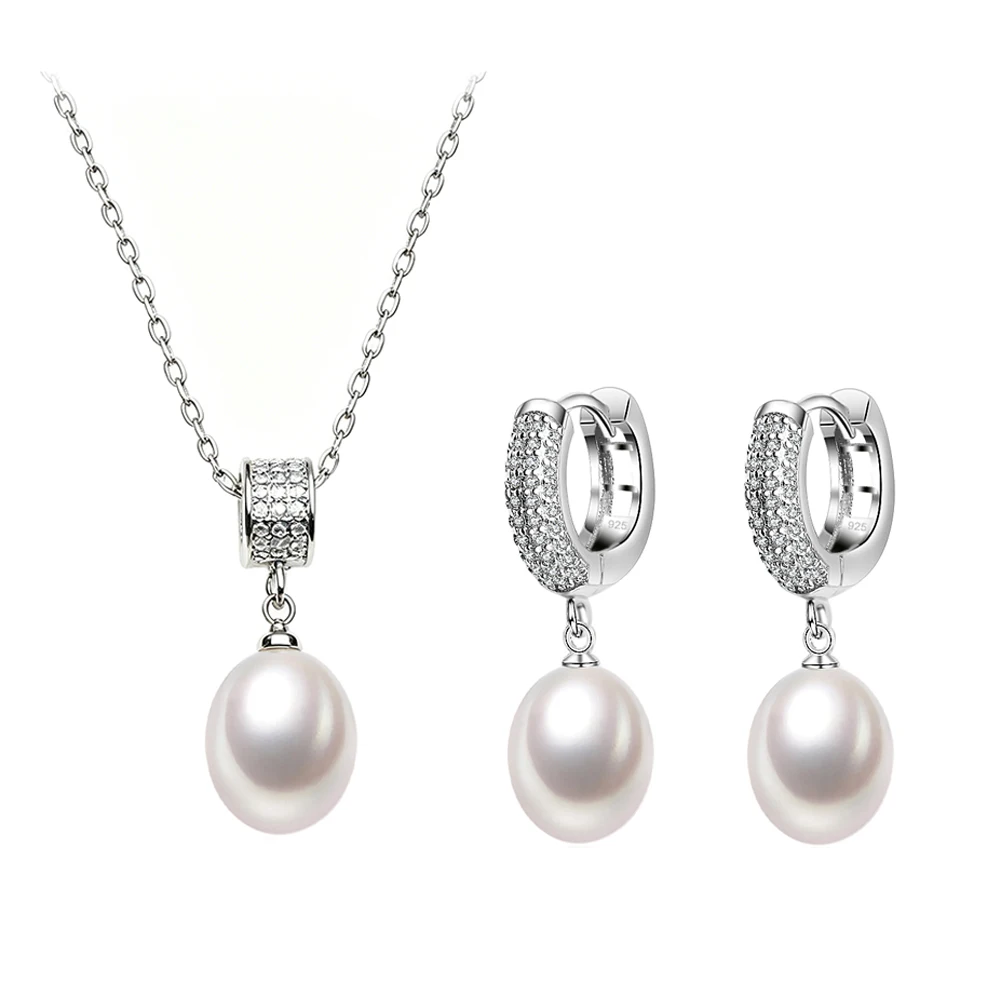 Set di collana e orecchini con perle d'acqua dolce naturali da donna, set di gioielli di lusso in argento 925 con perle, regalo di compleanno per moglie e madre, bianco