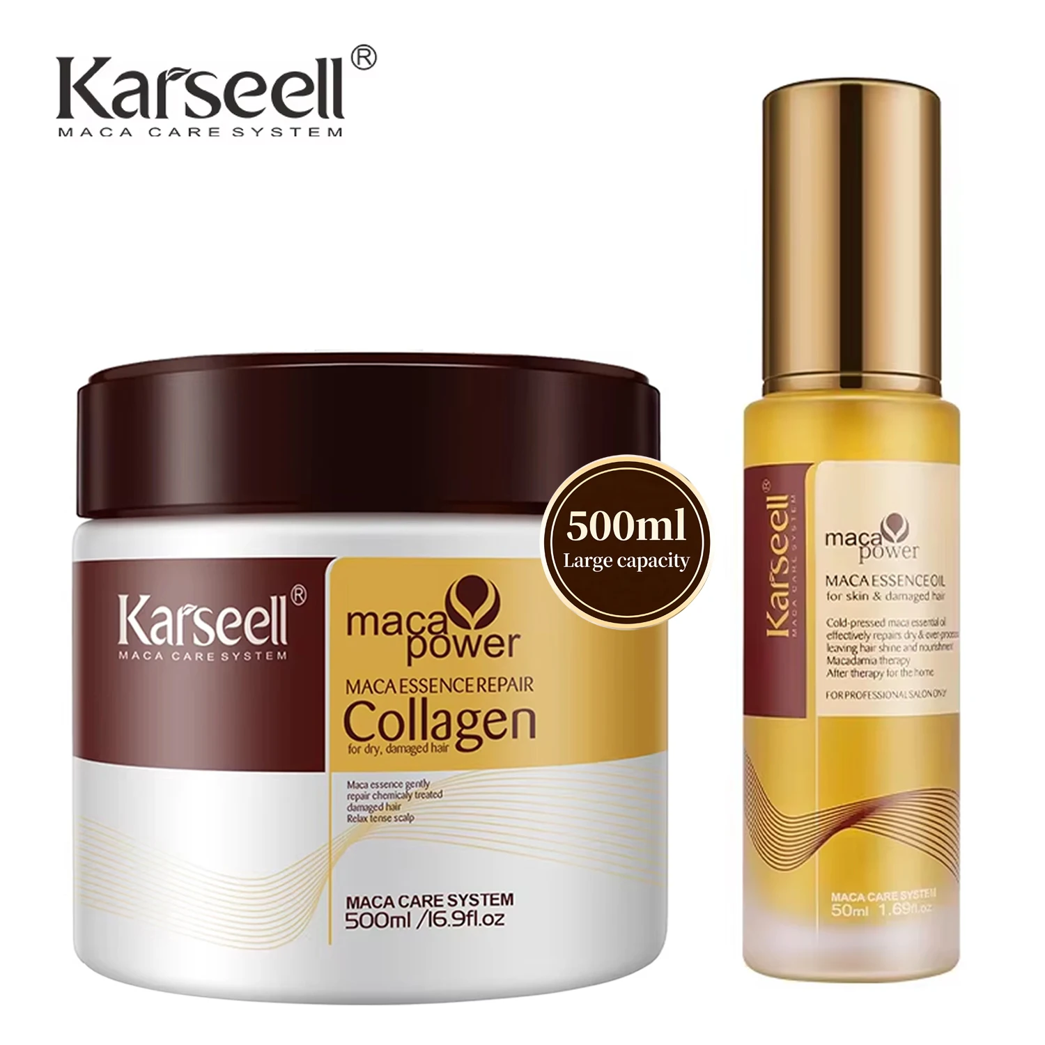 Karseell Trattamento per capelli al collagene Maschera per capelli a riparazione profonda 500 ml + Siero per capelli all'olio di argan 50 ml per capelli secchi e danneggiati Tutti i tipi di capelli