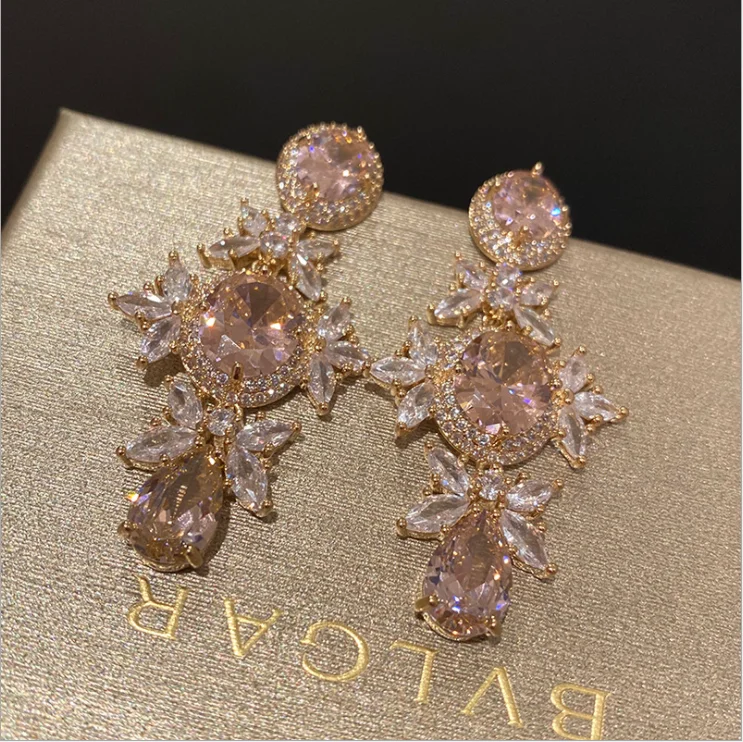 Große rosa Zirkon Kristall blume Luxus elegante Temperament Ohrringe weibliche exquisite rosa Zirkon Ohrringe