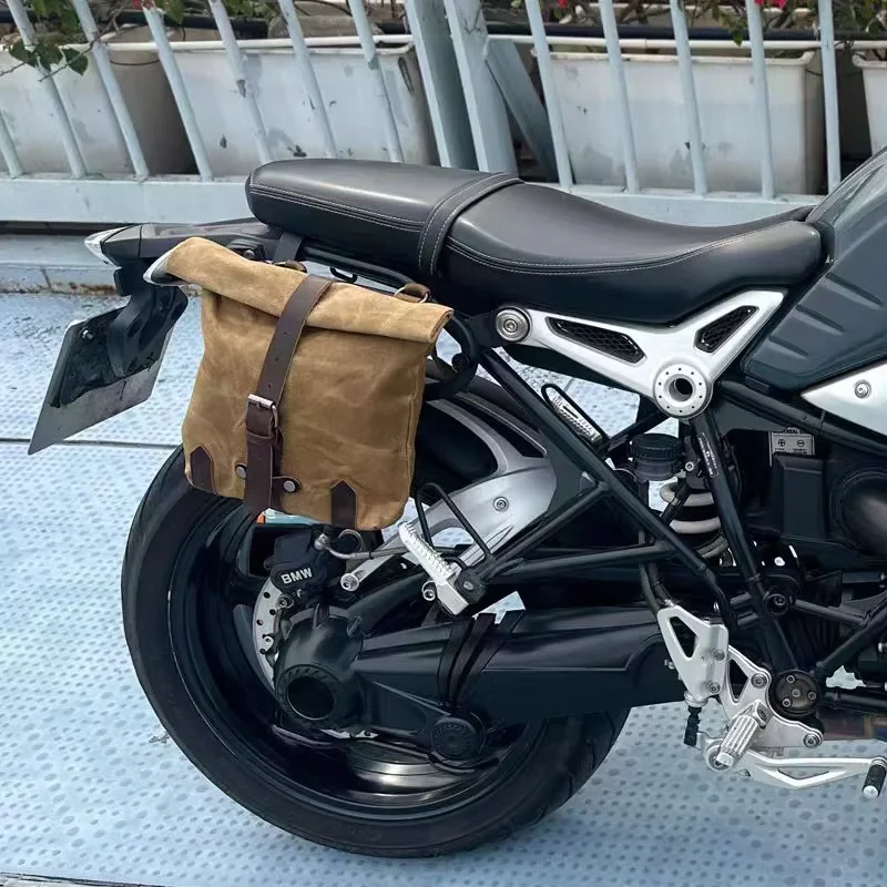Satchel Vintage Motorrad Seitentasche Wasserdichte Ölwachs Canvas Hängetasche für kleines E-Bike Hängewerkzeugset Image