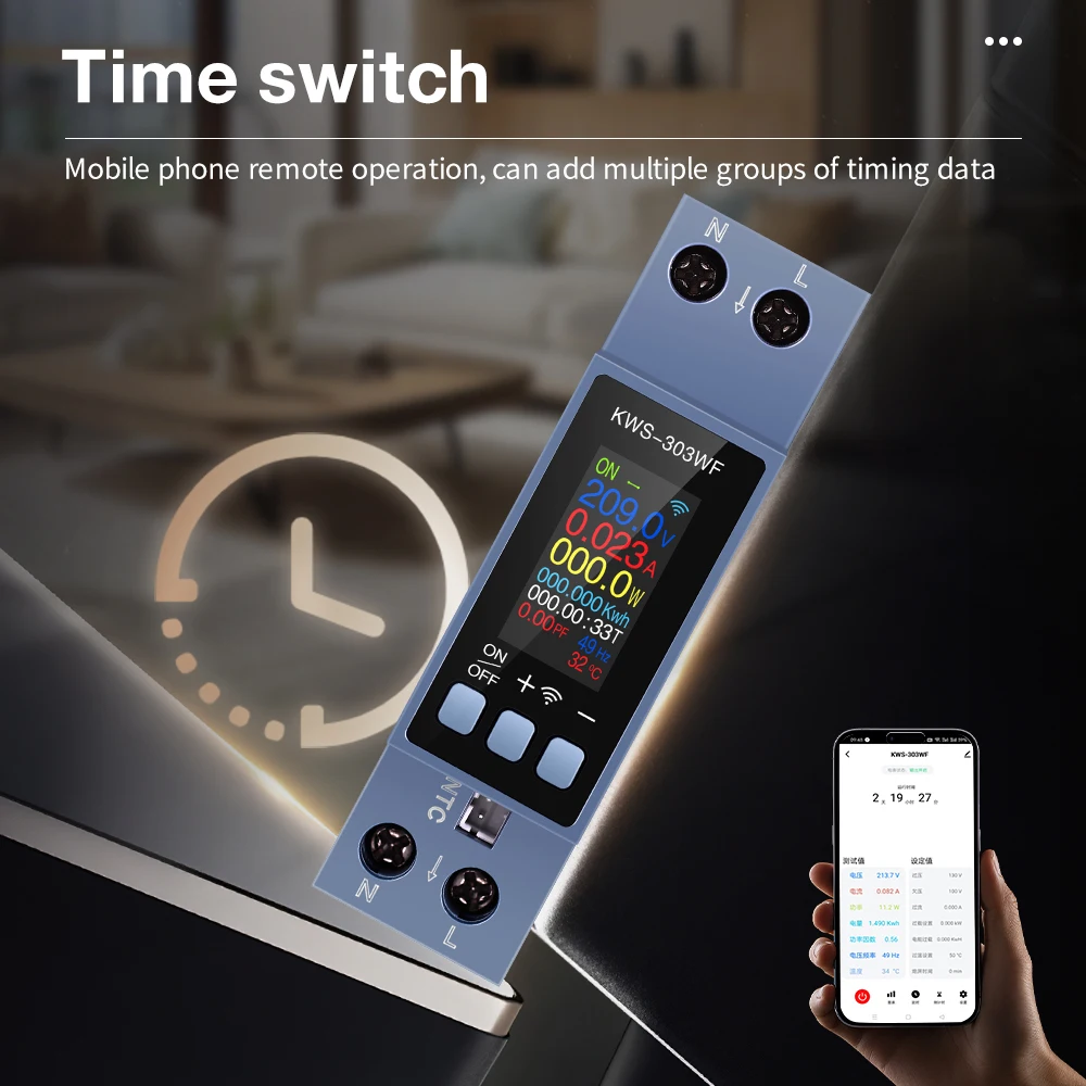 KWS-303 8-in-1-Leistungsmesser, intelligenter Schalter, multifunktionaler AC-Meter, Timer, Relais, Führungsschiene, Typ Messschalter, 85–290 V, Energiezähler Image
