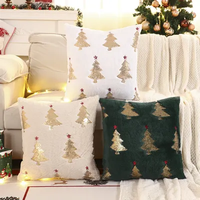 1 PC Gold Sequin Christmas Tree Throw Pillow Cover Winter Plush Embroidery Christmas Decoration Image