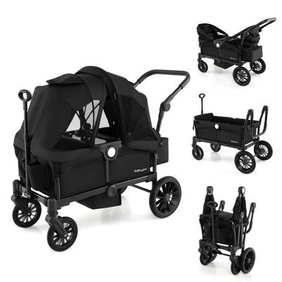 Costway 2 Seater Push Pull Collapsible Kids Wagon Stroller with Adjustable Handlebars-Black