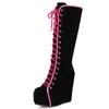Mode Kniehohe Stiefel Frauen Plattform Sexy Keil Heels frauen Hohe Stiefel Lace-up Runde Kappe Schwarz Tanz schuhe Für Mädchen