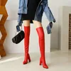 Sianie Tianie Sexy Stripper Heels Rot Block Hochhackigen Frauen Schuhe Stretch Über-die-knie Stiefel