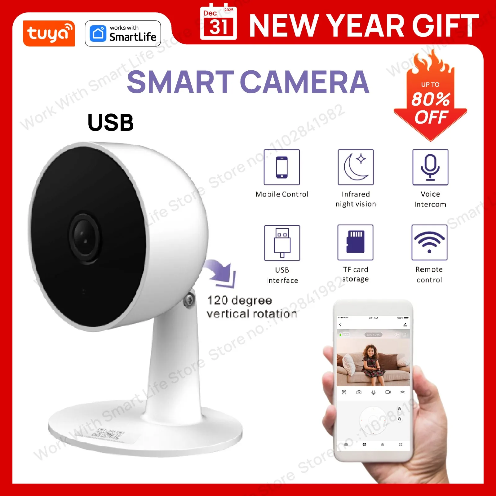 Tuya Smart 3MP HD Indoor-Überwachungskamera für Babys/ältere/Haustiere/Kinder, mit Echtzeit-APP-Alarm, 2-Wege-Audio, Erkennung menschlicher Körper Image