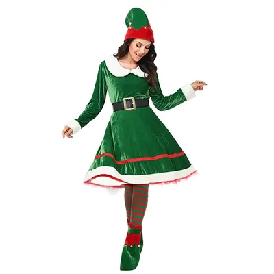 Weihnachtself-Kostüm für Damen, Weihnachtsmann-Outfit, Flanell, Maxikleid, Weihnachtsmütze, Gürtel, Image
