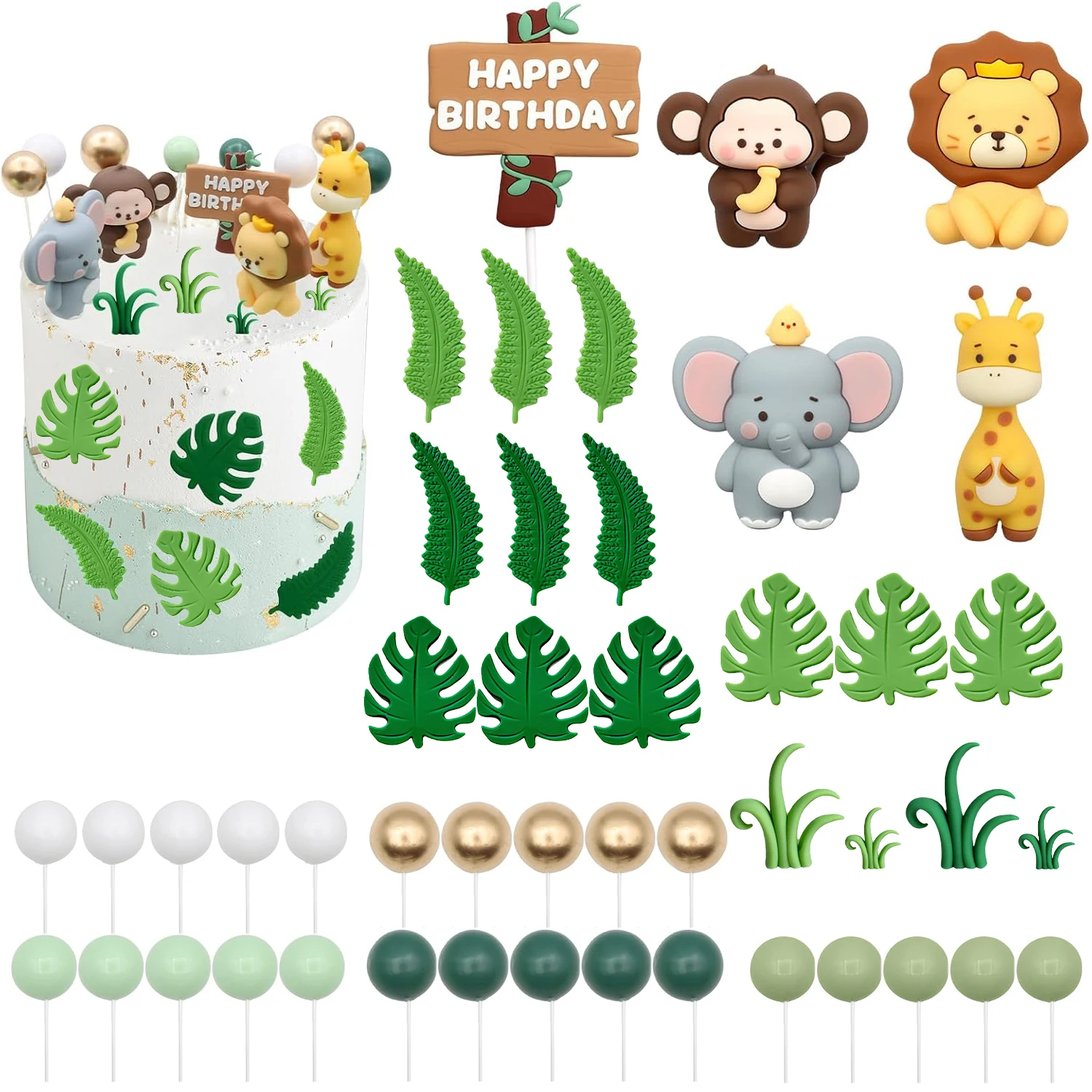 Safari Tier-Kuchenaufsatz – Dschungel-Wild-Kuchenaufsatz mit Affen-Löwe-Elefant, Giraffe und Blättern, Kugeln, Kuchendekorationen Image