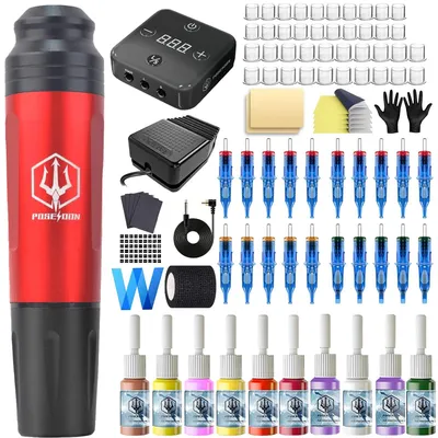Tattoo Kit POSEIDON High Power Tattoo Pen Kit For Permanent Makeup Tattoo Machine Kit Hot Red Tattoo