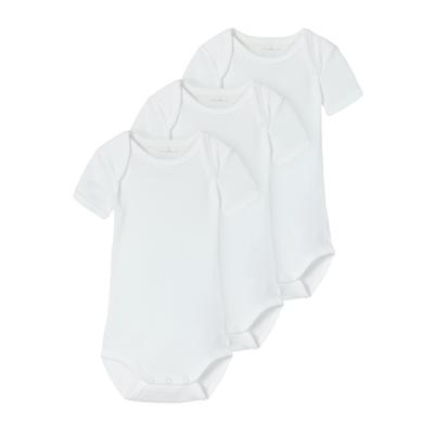 Body NAME IT "NBNBODY 3P SS SOLID WHITE 4 NOOS", Baby, Gr. 56, N-Gr, weiß (hellweiß), Sweatware, Obermaterial: 100% Baumwolle, bedruckt, casual, regular fit, Rundhals, Langarm, Bodies Image