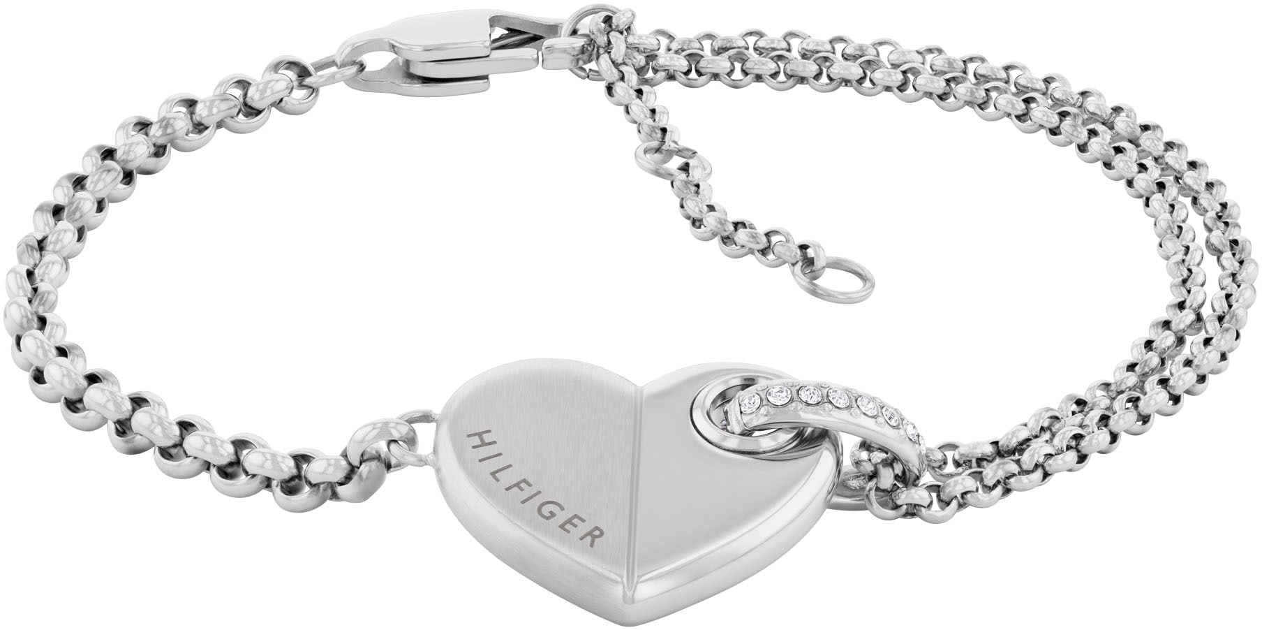 Armkette TOMMY HILFIGER "BOLD HEARTS", silber (edelstahlfarben, weiß, weiß), Armbänder, Damen, 19cm, Edelstahl, Armkette, mit Emaille - mit Glasstein